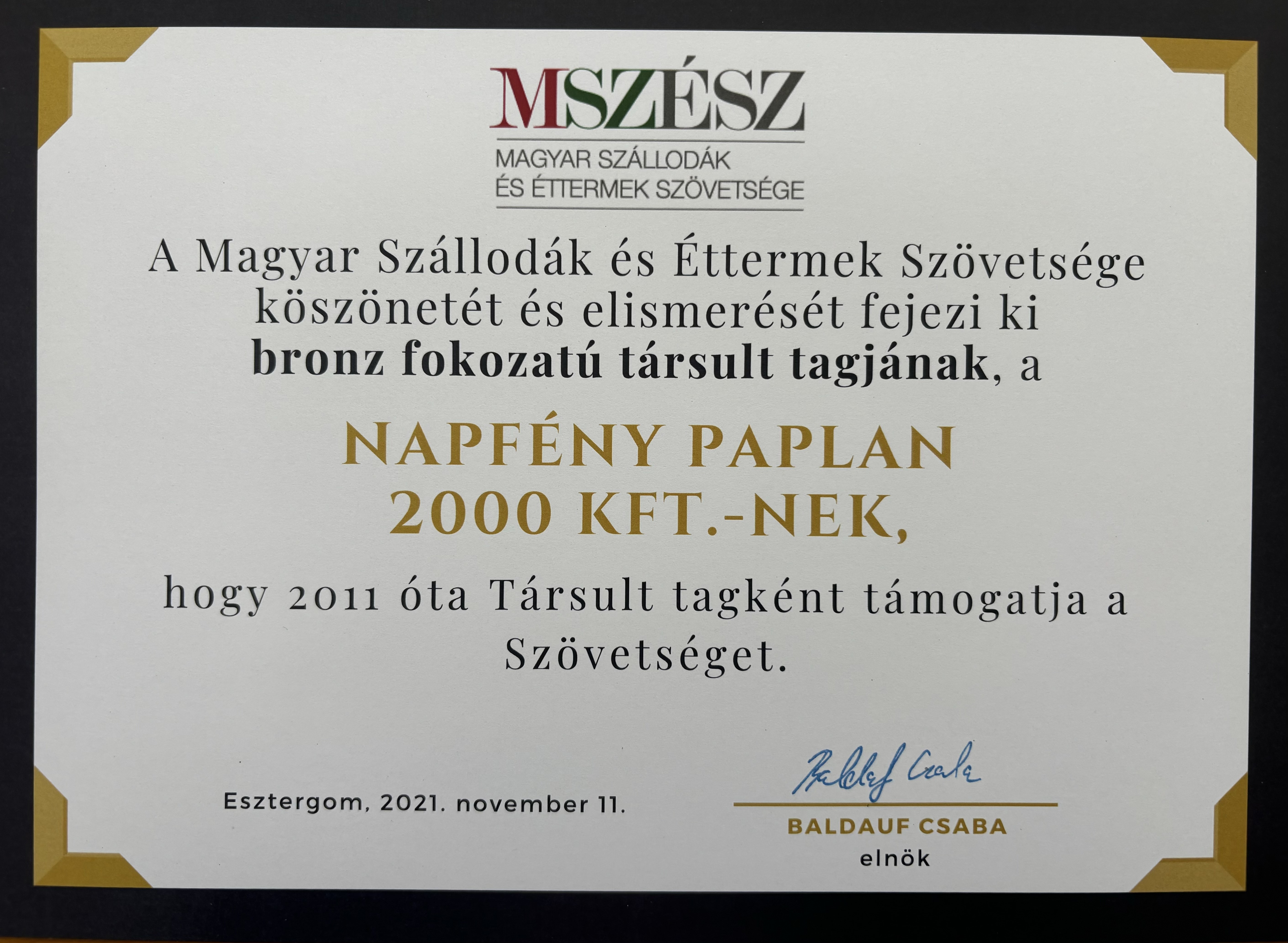 Magyar Szállodák és Éttermek Szövetségének kiemelt társult tagja